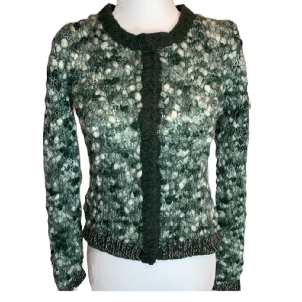 Vintage Noa Noa Wool Boucle Green Cropped Knit Cardigan Sweater Size S